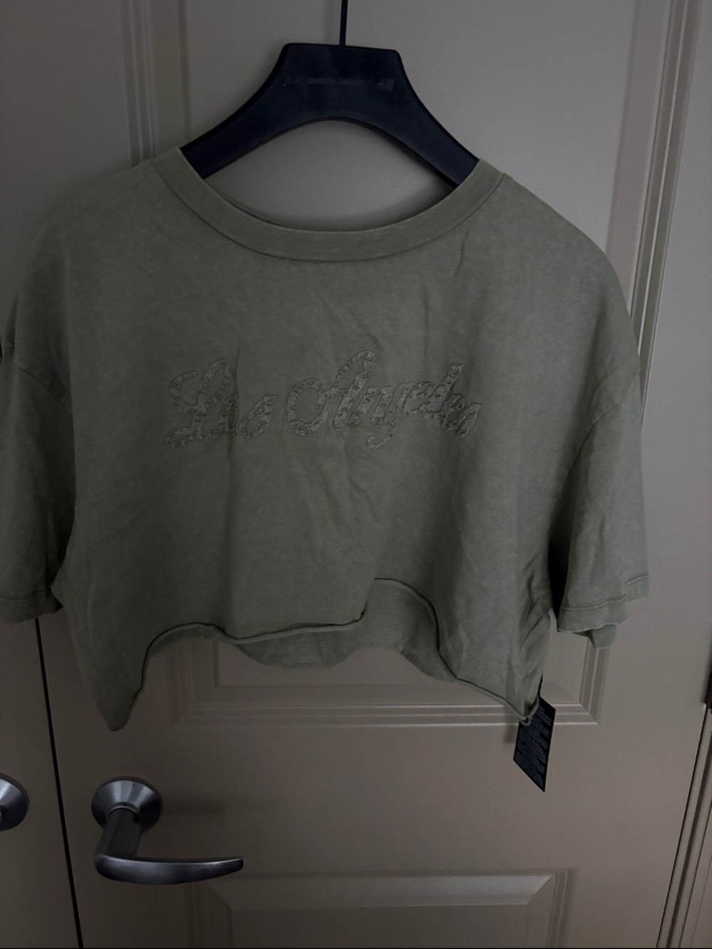 Forever 21 Olive Green Cropped Tee with 'Los Angeles' Embroidery